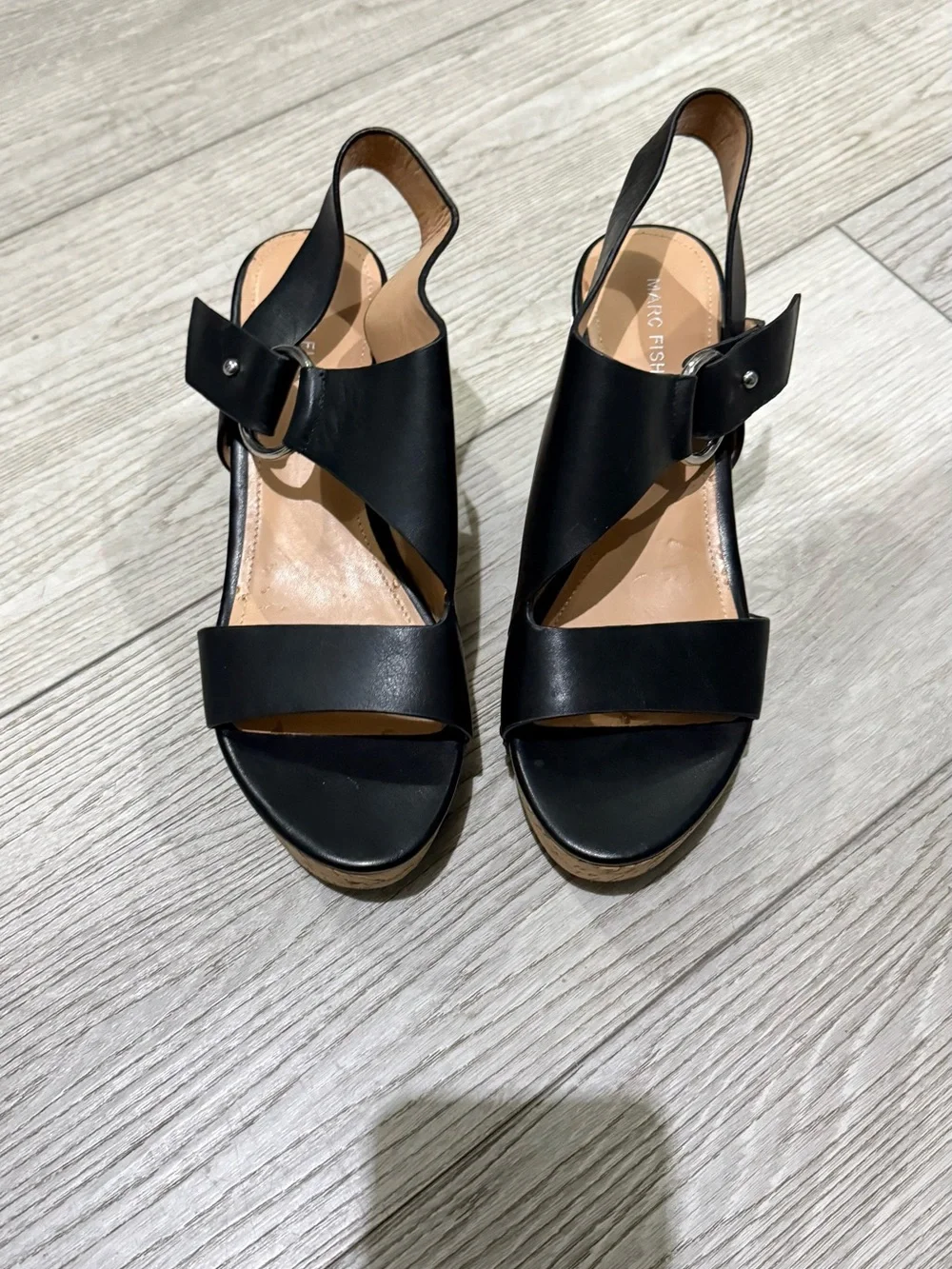 Marc Fisher Black Leather Wedge Slingback Sandals